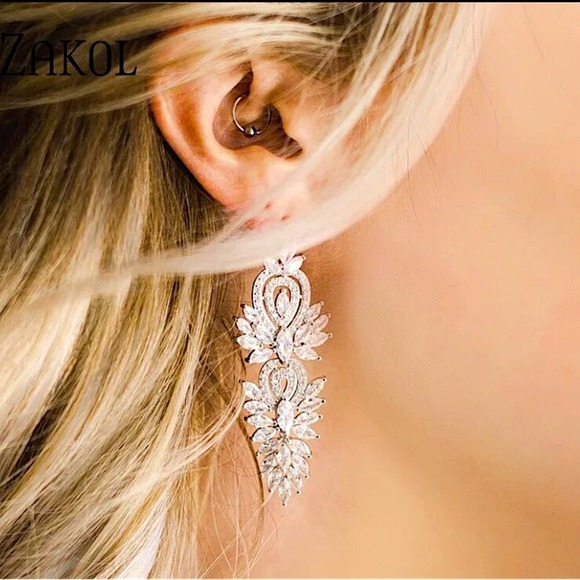 Silver Cubic Zirconia Wedding Earrings, Bridal, Dangle, Anniversary - Picture 5 of 12